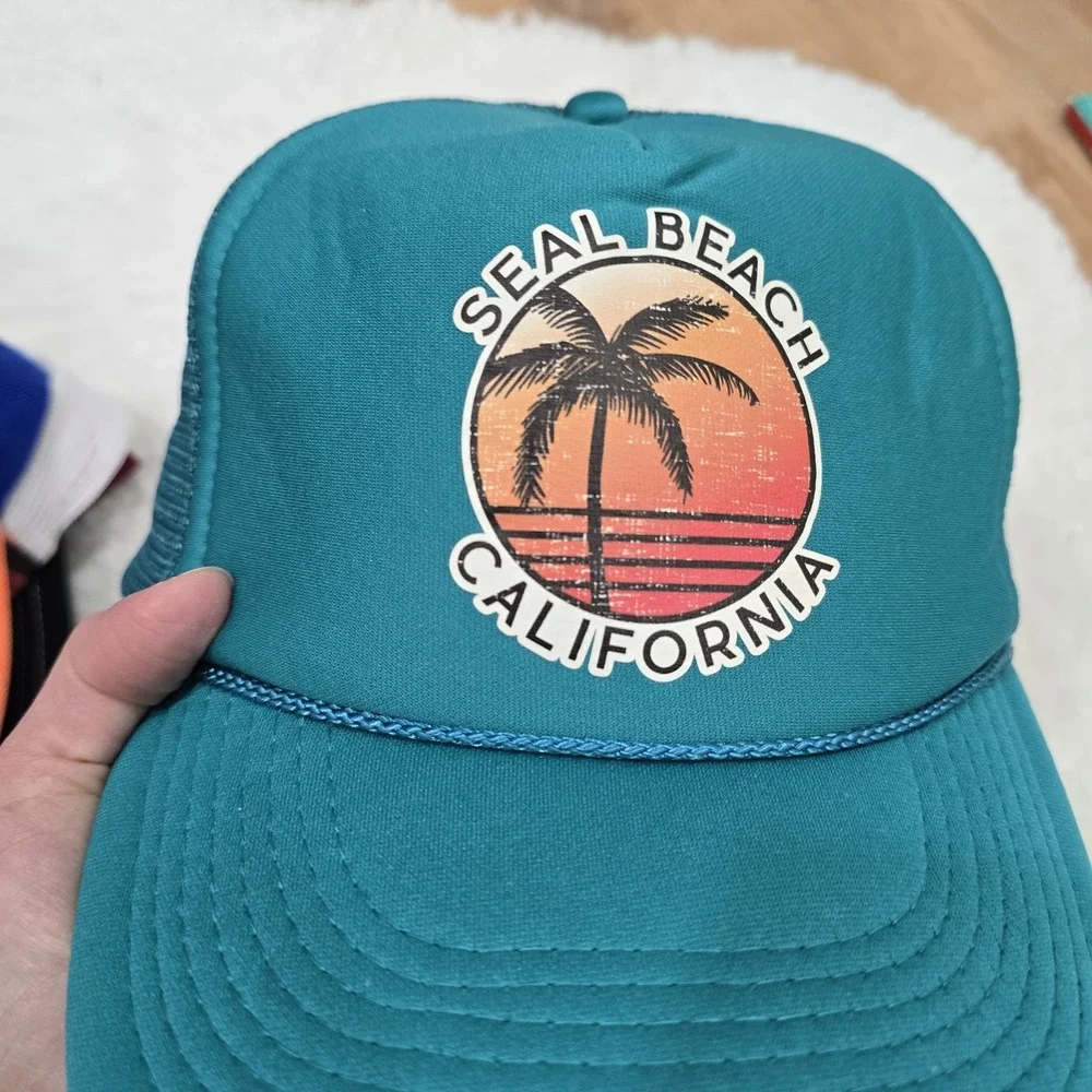 Vintage OTTO Seal Beach California Trucker Hat‎ Teal Mesh Snapback Palm Tree Sun